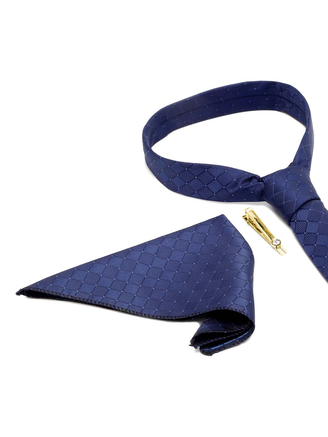 Marine Blue Italian Silk Necktie Set Pocket Square Golden Tiepin