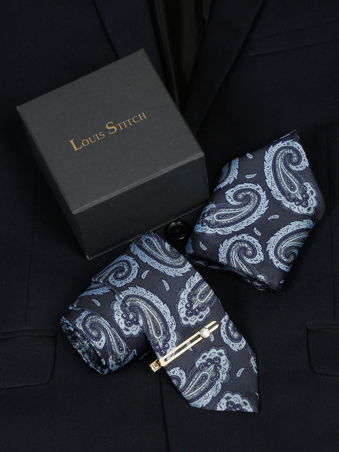 Turquoise Blue Luxury Italian Silk Necktie Set With Pocket Square Gold Tie pin