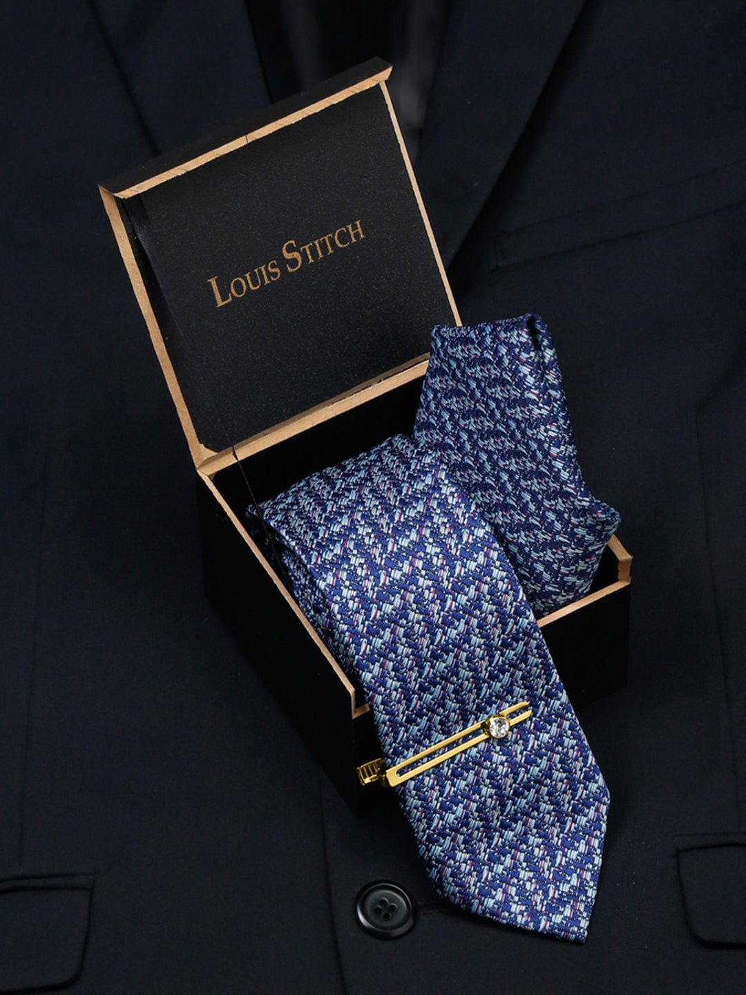  Pigeon Blue Luxury Italian Silk Necktie Set With Pocket Square Gold Tie pin