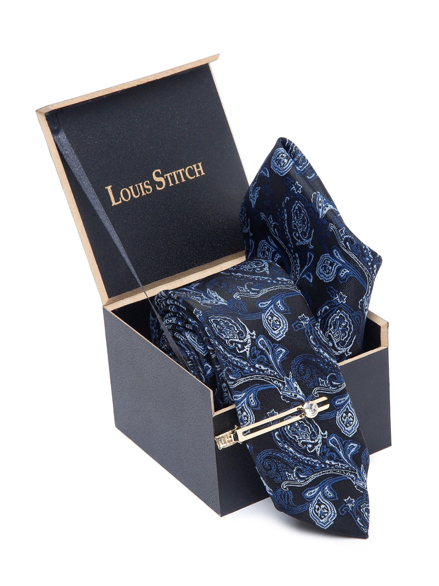 Carolina Blue Luxury Italian Silk Necktie Set With Pocket Square Gold Tie pin