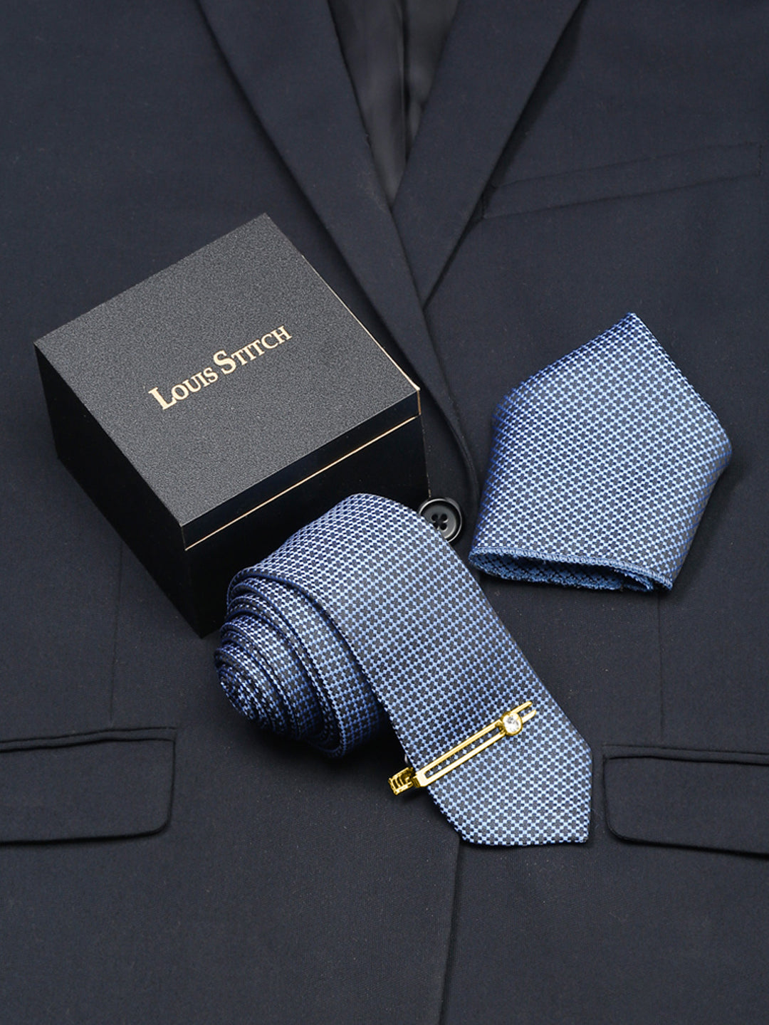 Aegean Blue Luxury Italian Silk Necktie Set With Pocket Square Gold Tie pin