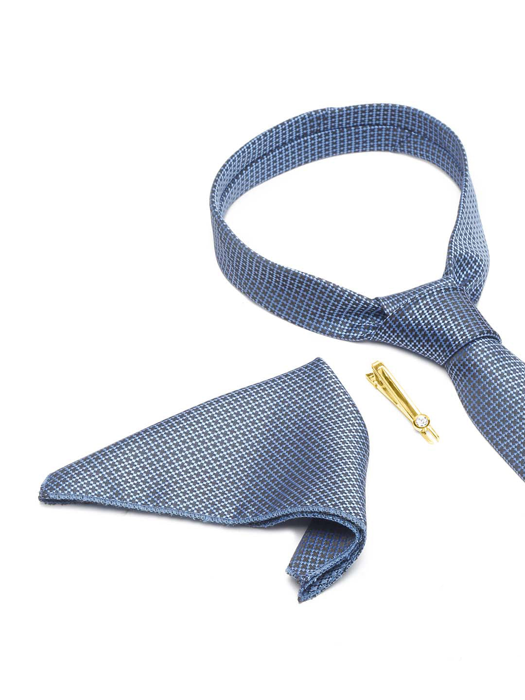 Aegean Blue Luxury Italian Silk Necktie Set With Pocket Square Gold Tie pin