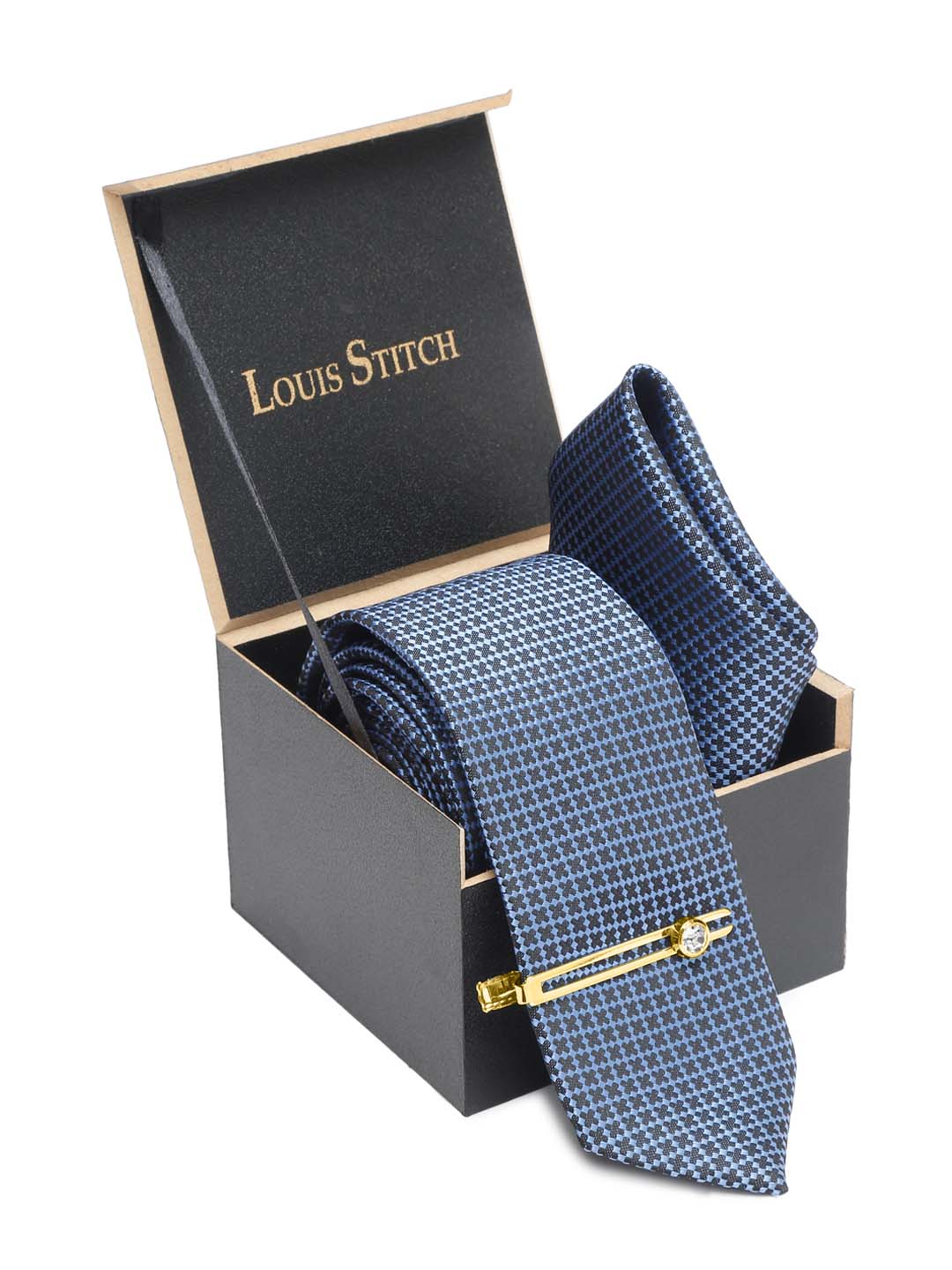 Aegean Blue Luxury Italian Silk Necktie Set With Pocket Square Gold Tie pin