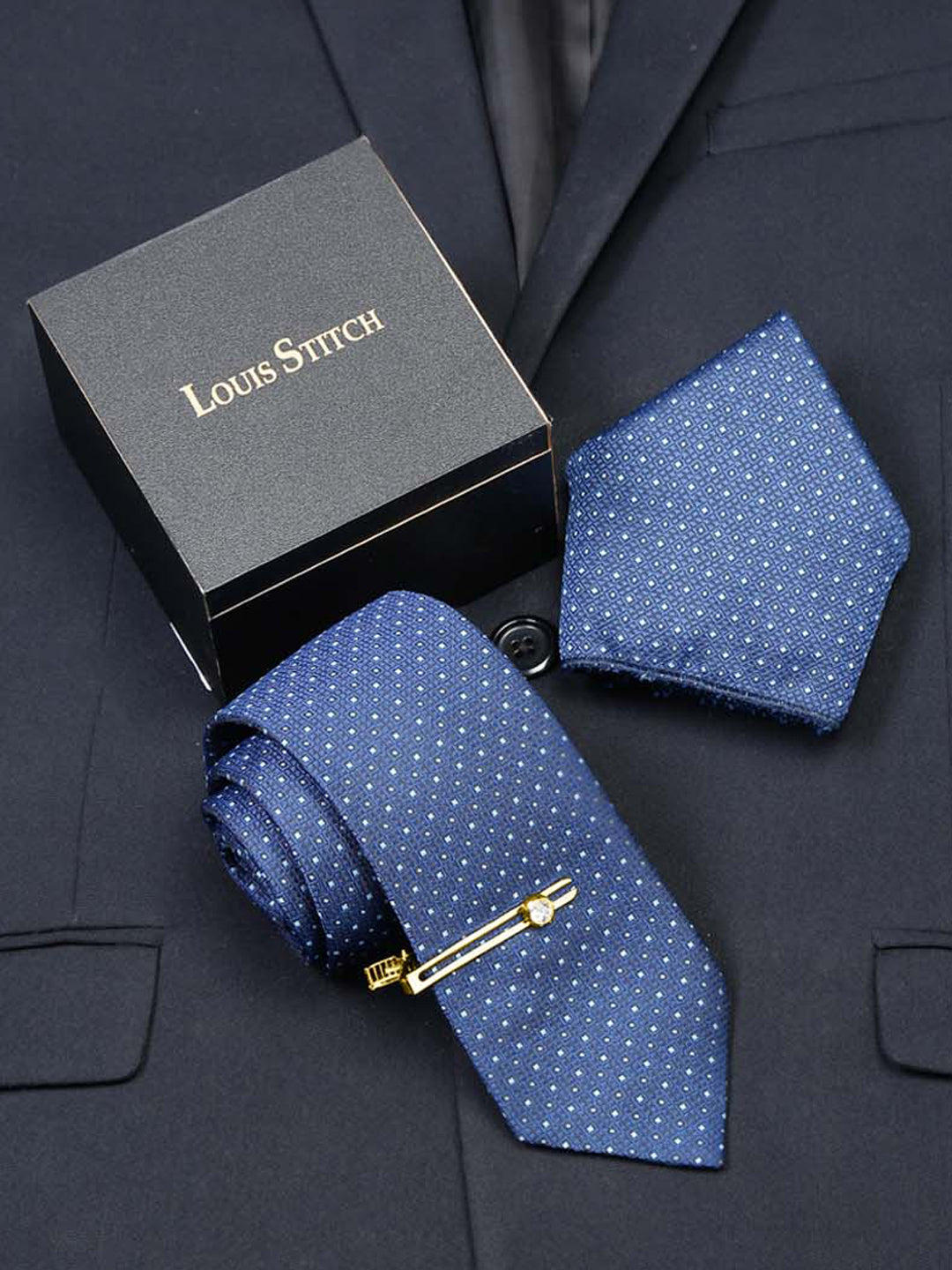 Midnight Blue Luxury Italian Silk Necktie Set With Pocket Square Gold Tie pin