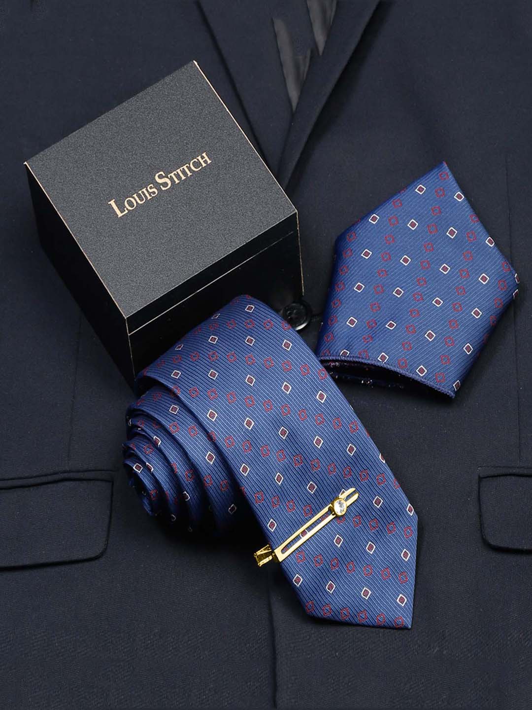 Navy Blue Luxury Italian Silk Necktie Set With Pocket Square Gold Tie pin