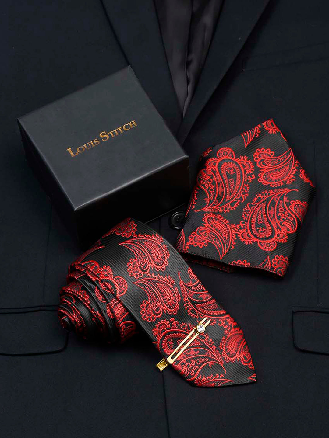 Imperial Red Luxury Italian Silk Necktie Set With Pocket Square Gold Tie pin