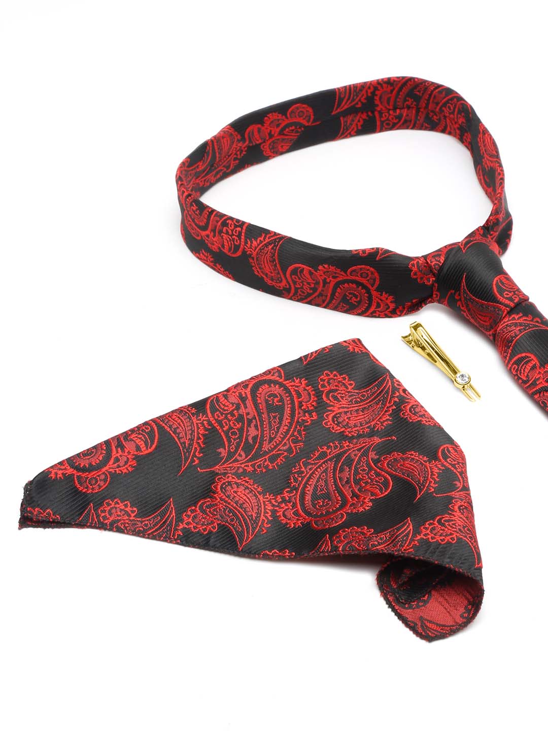 Imperial Red Luxury Italian Silk Necktie Set With Pocket Square Gold Tie pin