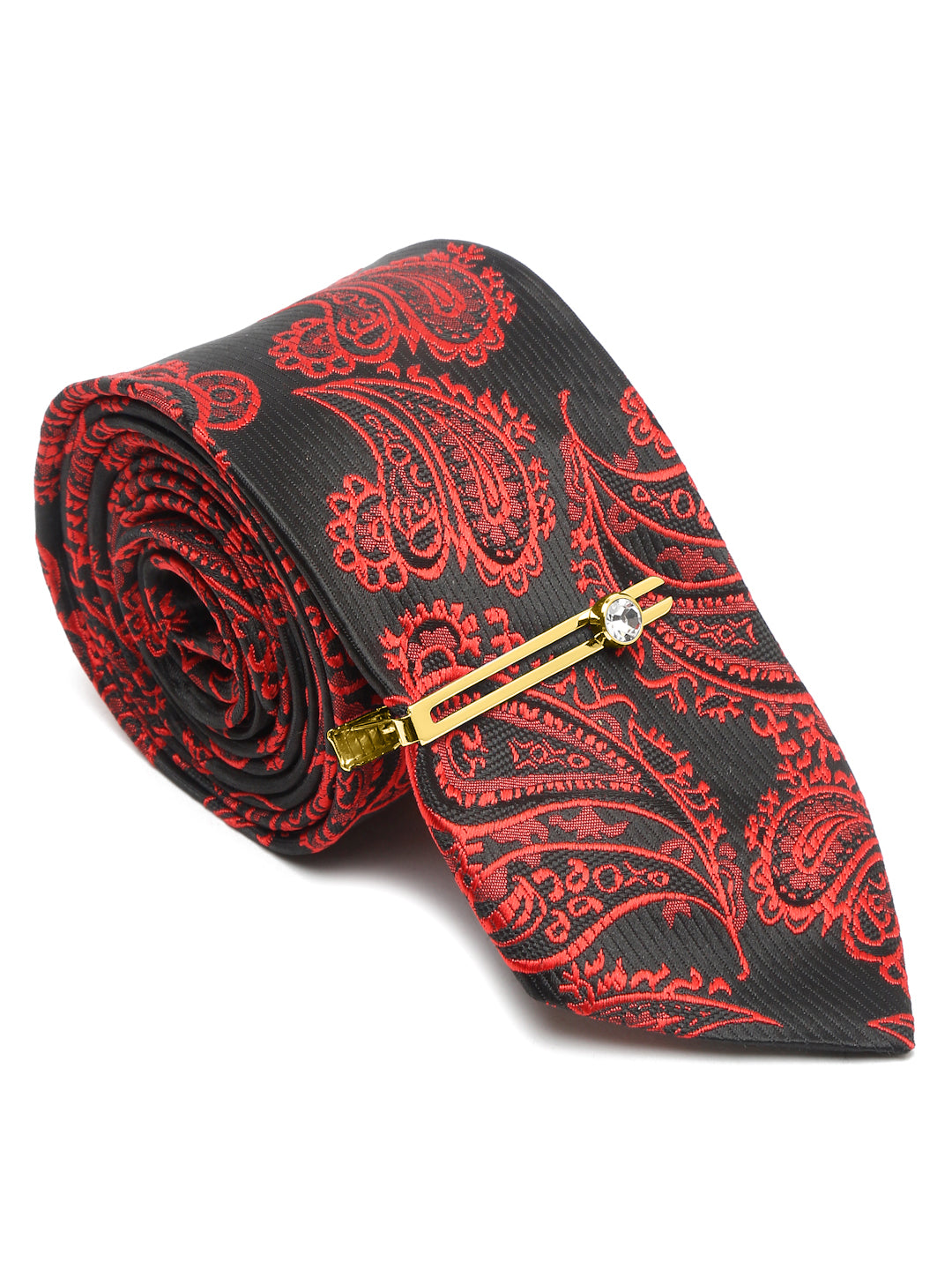 Imperial Red Luxury Italian Silk Necktie Set With Pocket Square Gold Tie pin