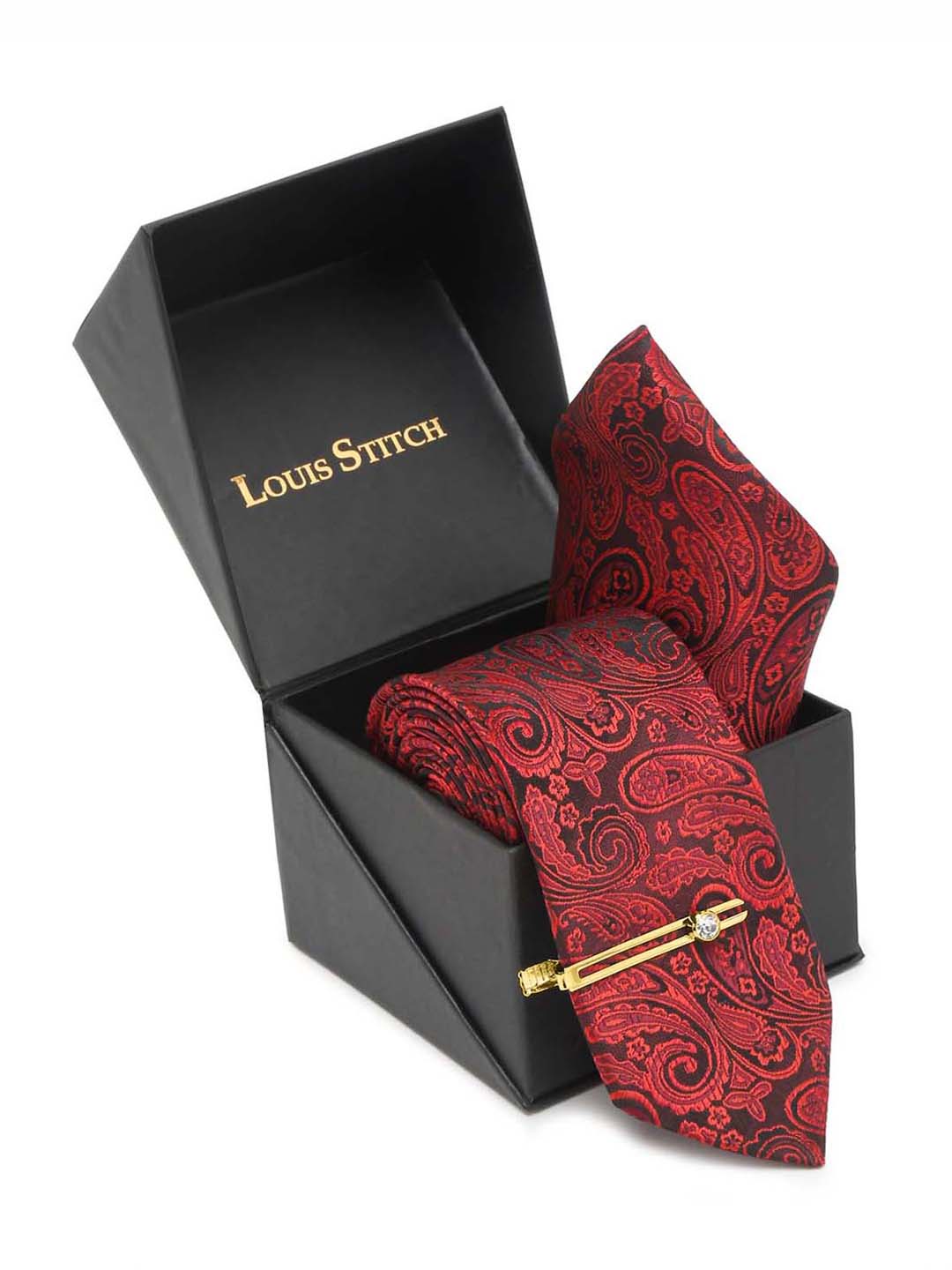 Imperial Red Luxury Italian Silk Necktie Set With Pocket Square Gold Tie pin