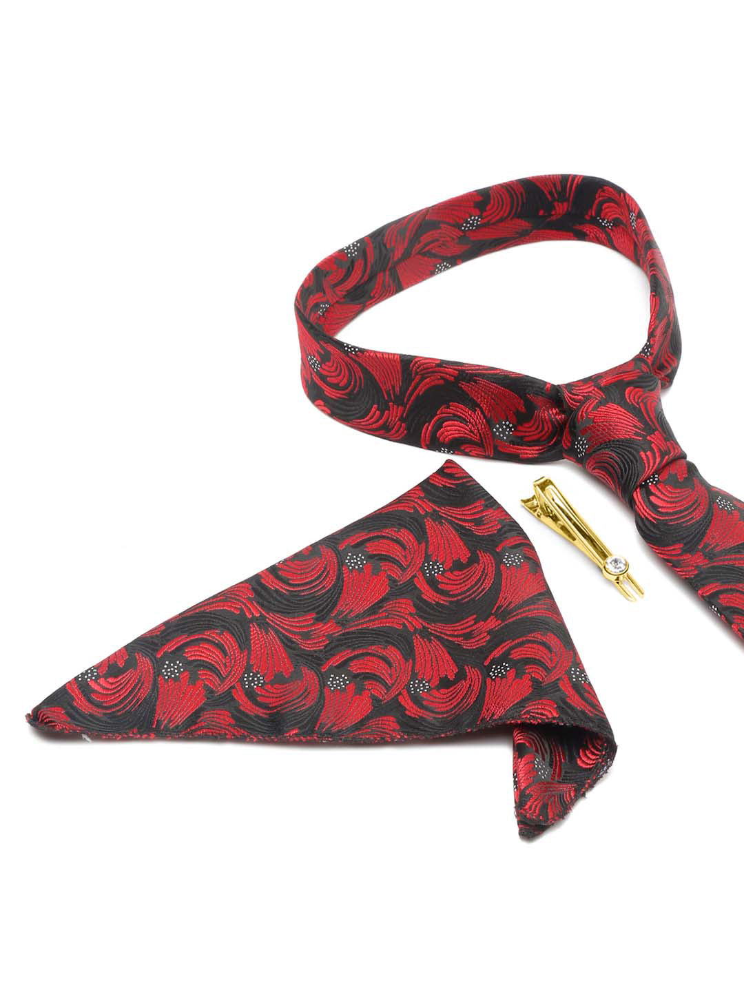 Ruby Red Luxury Italian Silk Necktie Set With Pocket Square Gold Tie pin