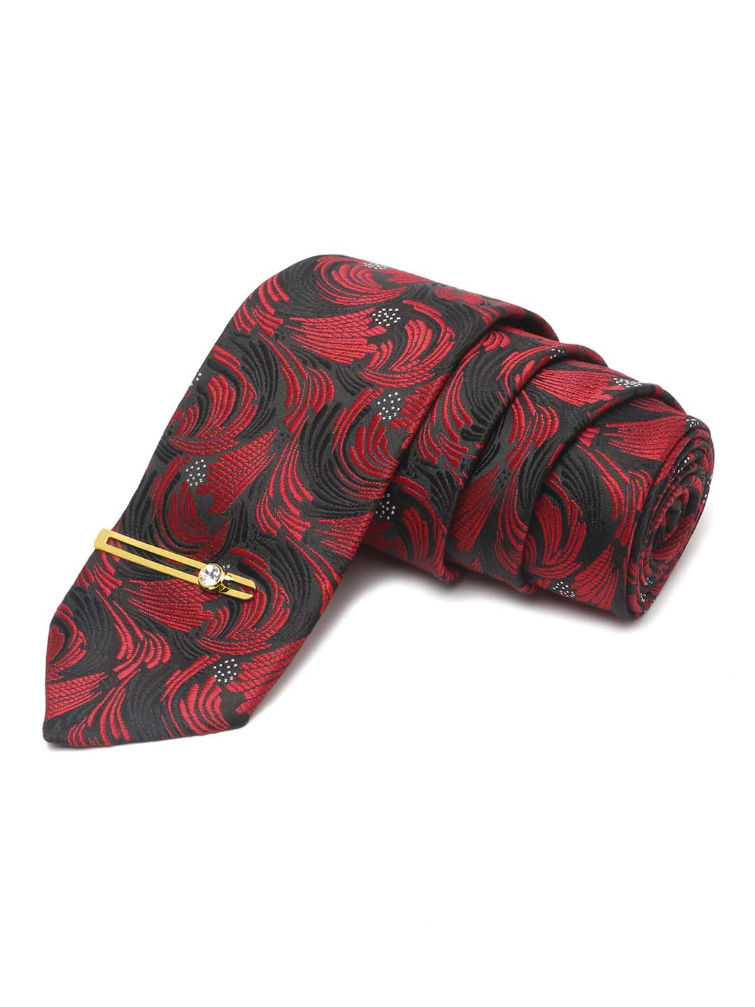 Ruby Red Luxury Italian Silk Necktie Set With Pocket Square Gold Tie pin