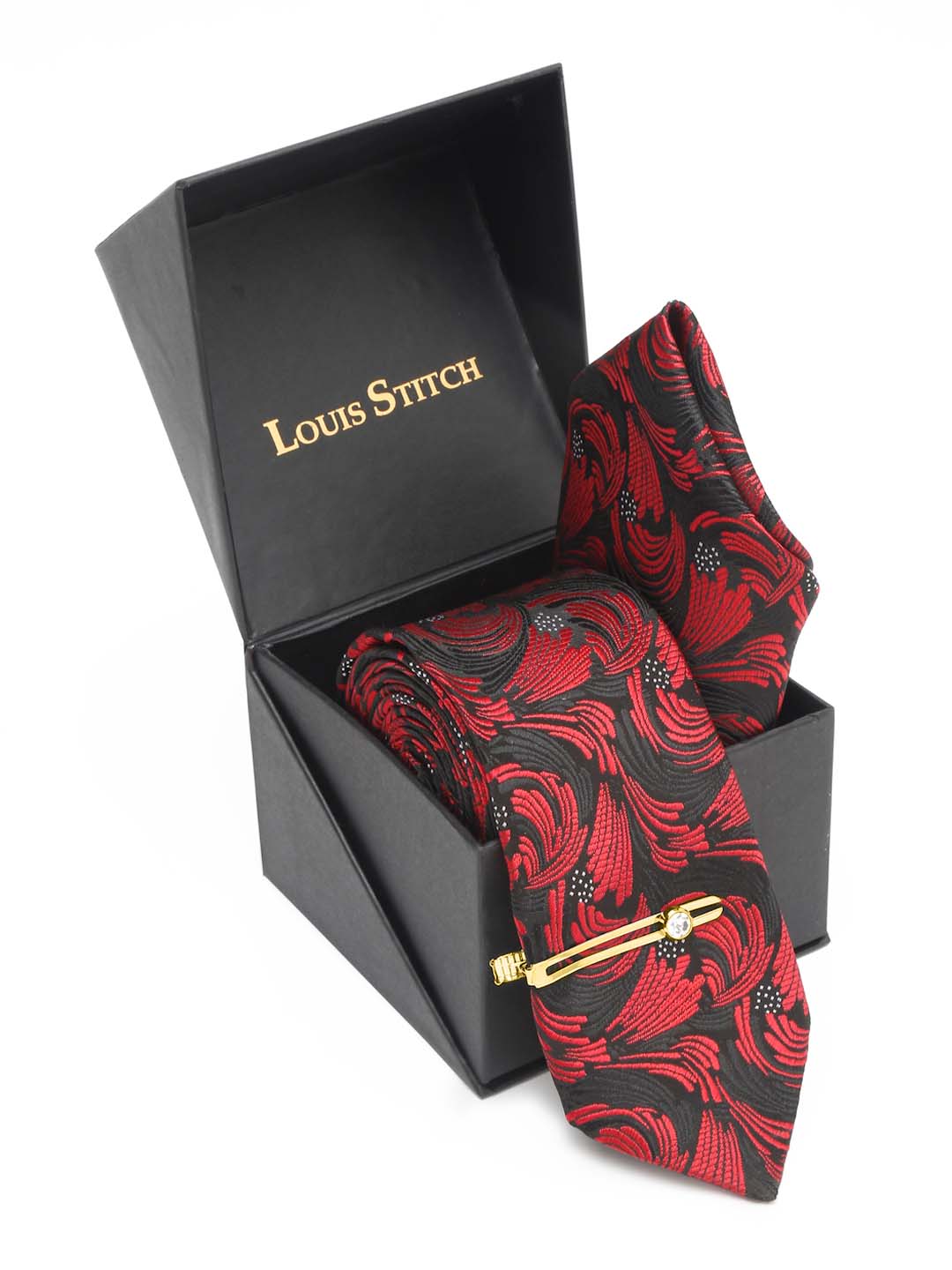 Ruby Red Luxury Italian Silk Necktie Set With Pocket Square Gold Tie pin