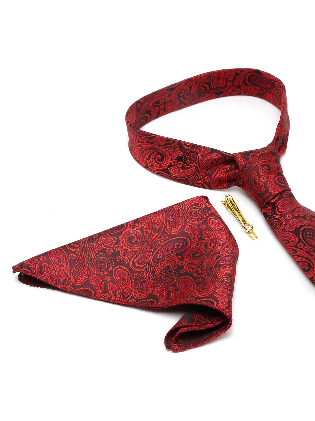 Ferrari red Luxury Italian Silk Necktie Set With Pocket Square Gold Tie pin