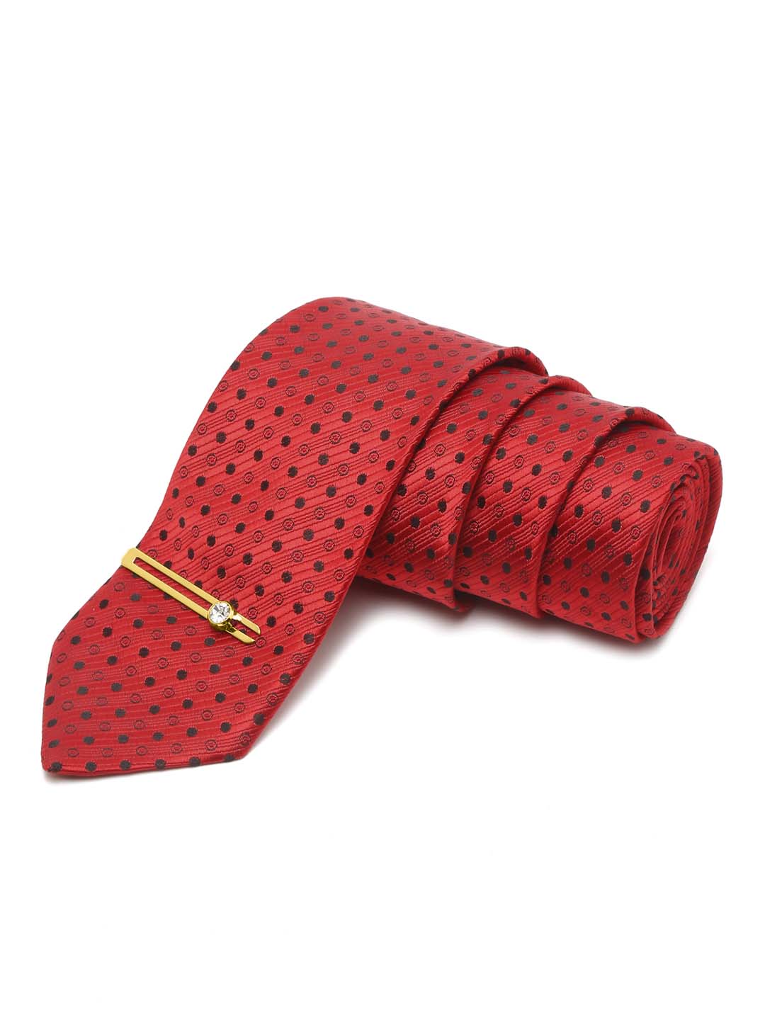 Indian Red Luxury Italian Silk Necktie Set With Pocket Square Gold Tie pin