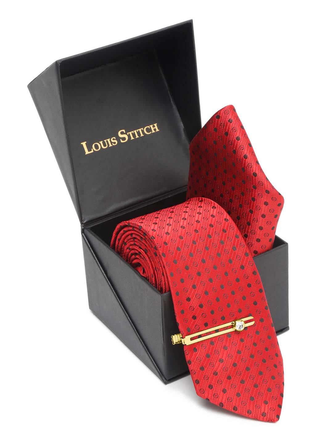 Indian Red Luxury Italian Silk Necktie Set With Pocket Square Gold Tie pin