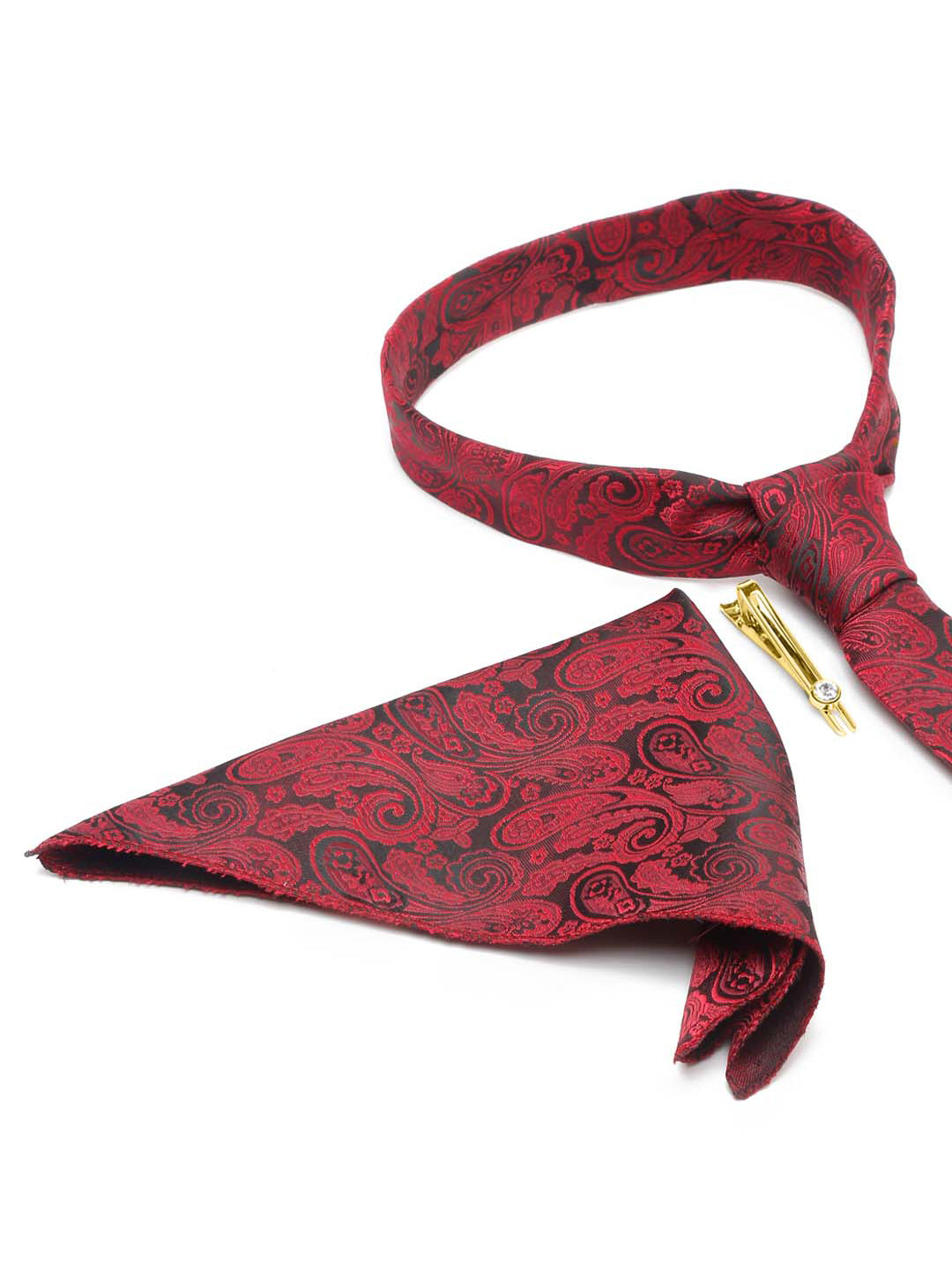 Persian Red Luxury Italian Silk Necktie Set With Pocket Square Gold Tie pin