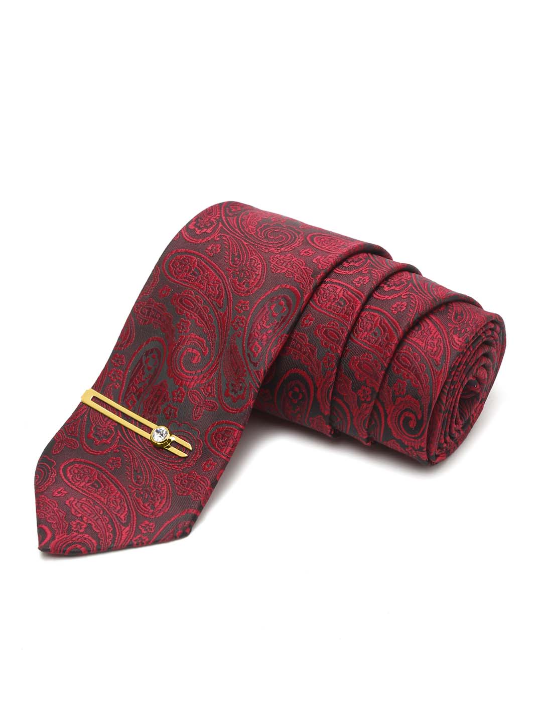 Persian Red Luxury Italian Silk Necktie Set With Pocket Square Gold Tie pin