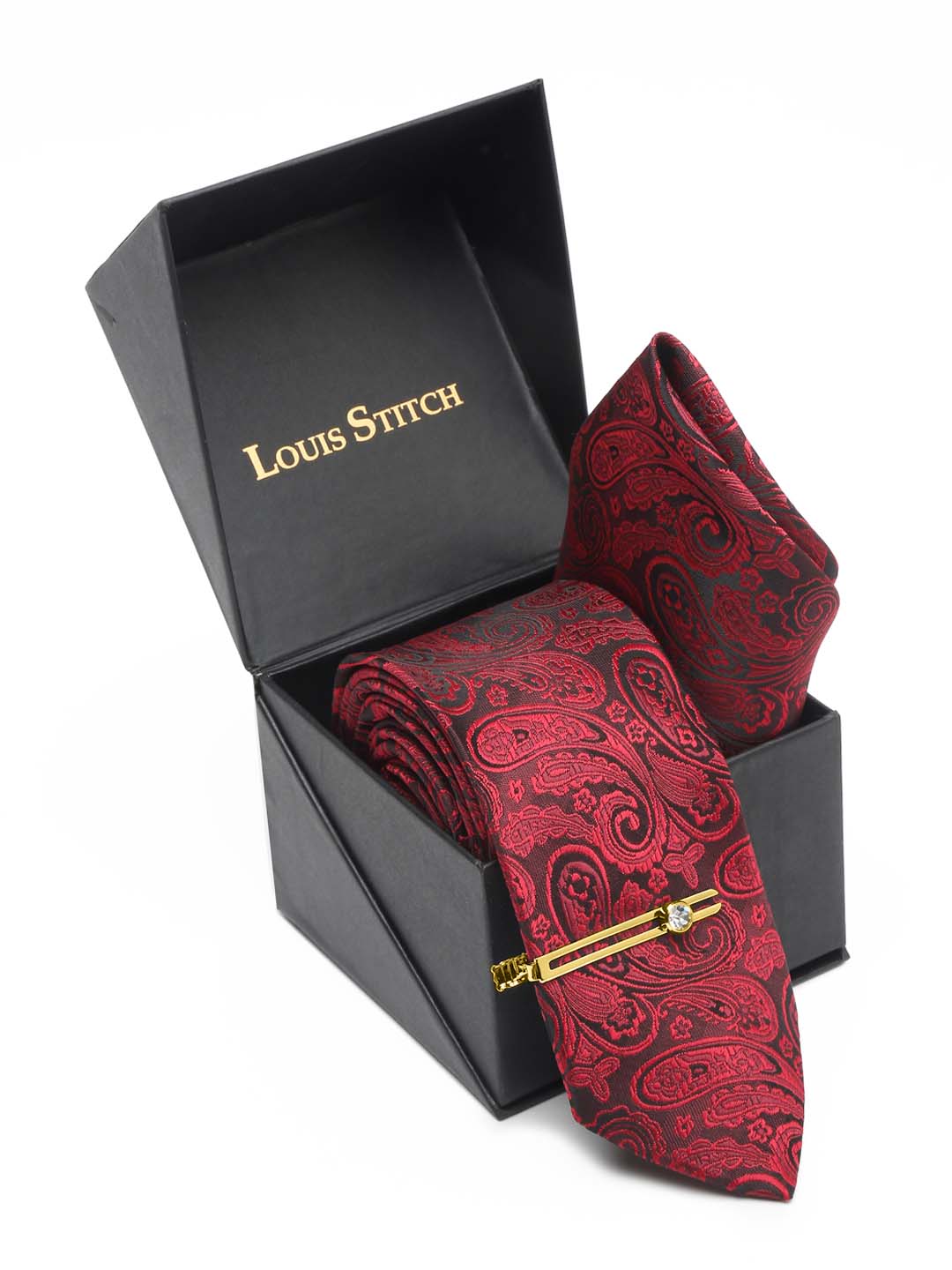 Persian Red Luxury Italian Silk Necktie Set With Pocket Square Gold Tie pin