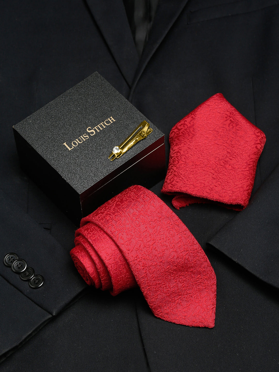 Ferrari Red Luxury Italian Silk Necktie Set With Pocket Square Gold Tie pin