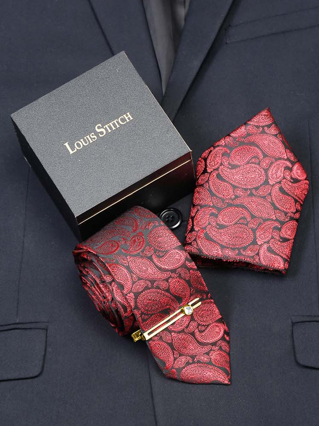 Wine Red Luxury Italian Silk Necktie Set With Pocket Square Gold Tie pin