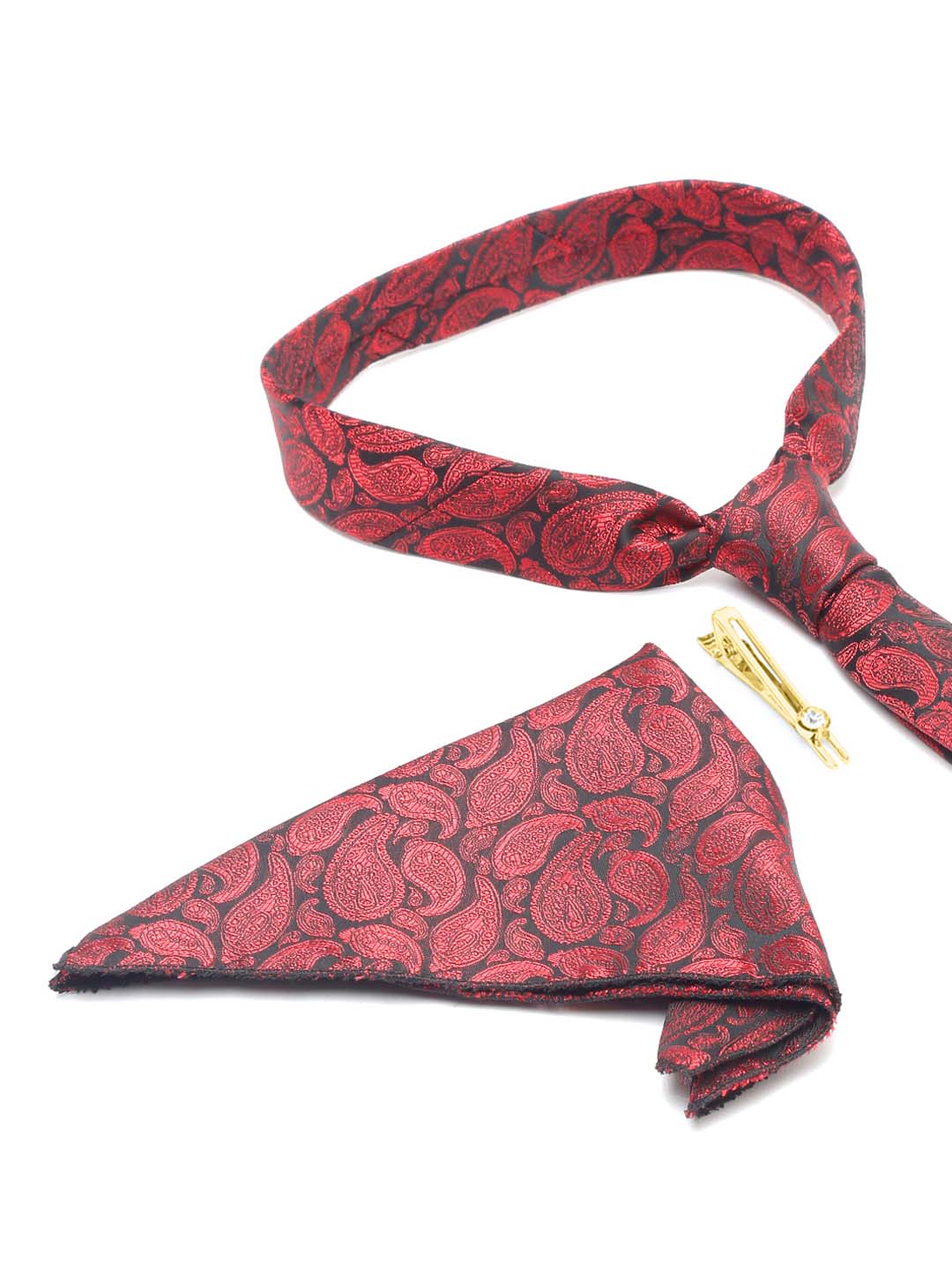 Wine Red Luxury Italian Silk Necktie Set With Pocket Square Gold Tie pin