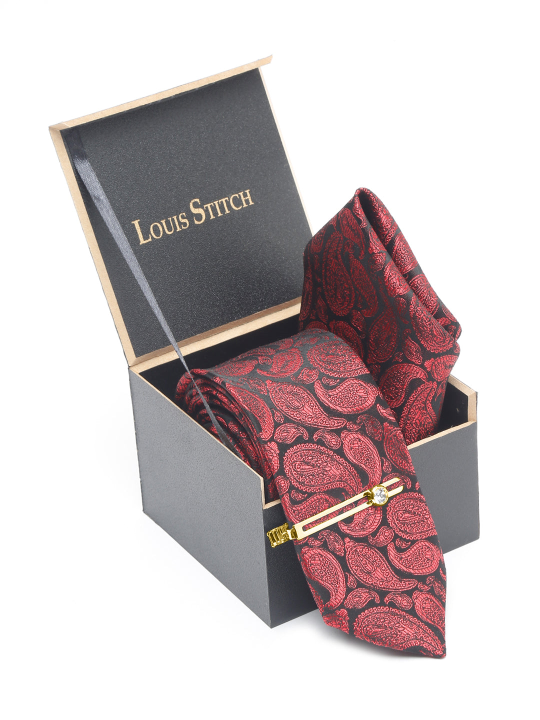 Wine Red Luxury Italian Silk Necktie Set With Pocket Square Gold Tie pin