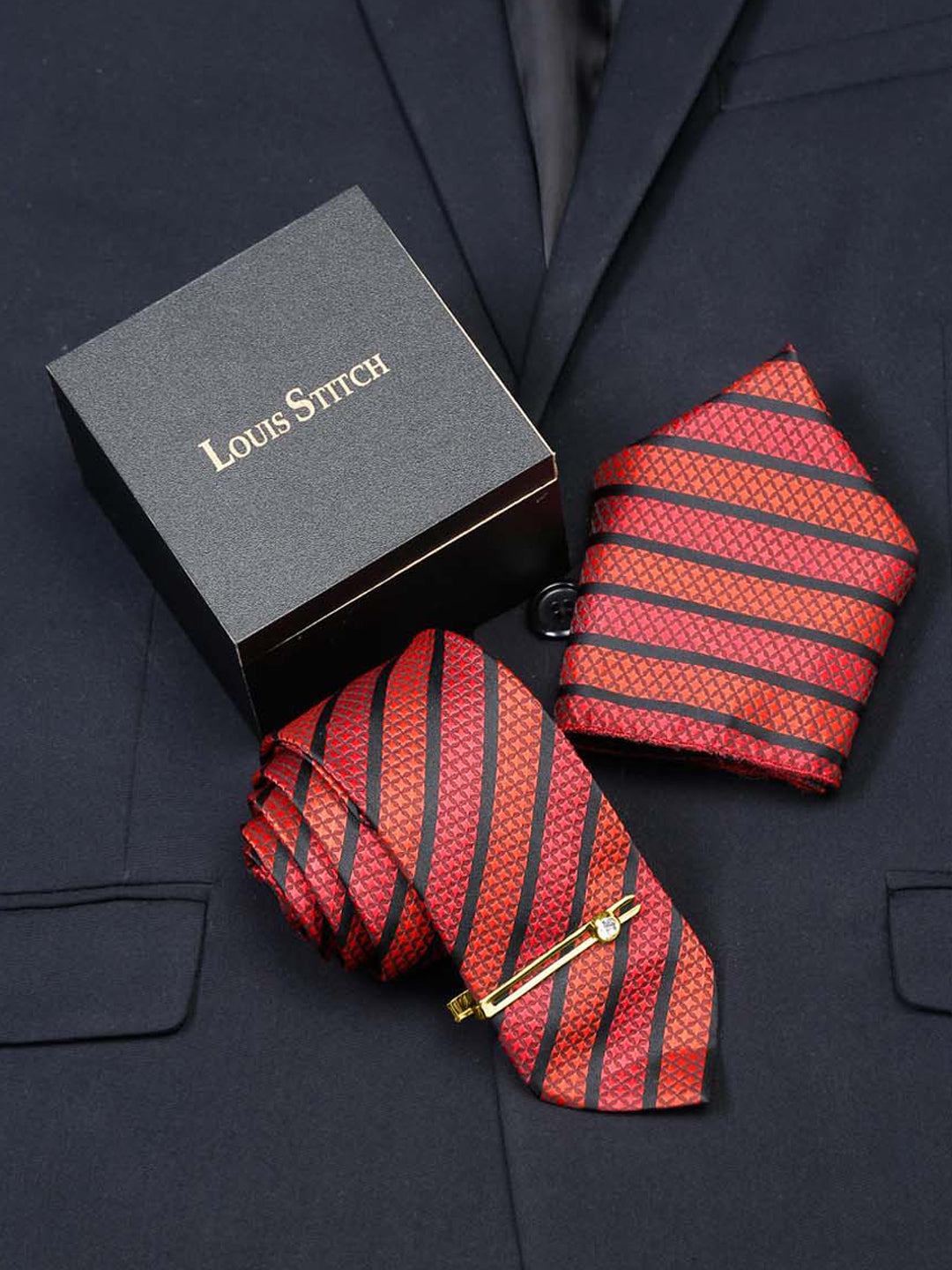 Ruby Red Luxury Italian Silk Necktie Set With Pocket Square Gold Tie pin