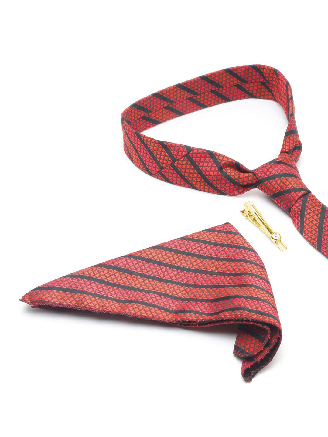 Ruby Red Luxury Italian Silk Necktie Set With Pocket Square Gold Tie pin