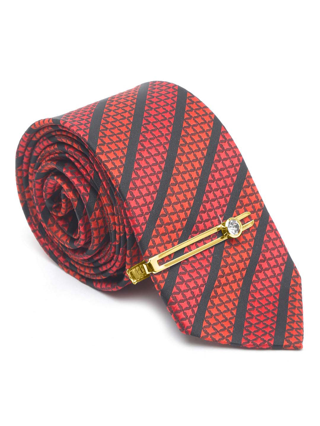 Ruby Red Luxury Italian Silk Necktie Set With Pocket Square Gold Tie pin