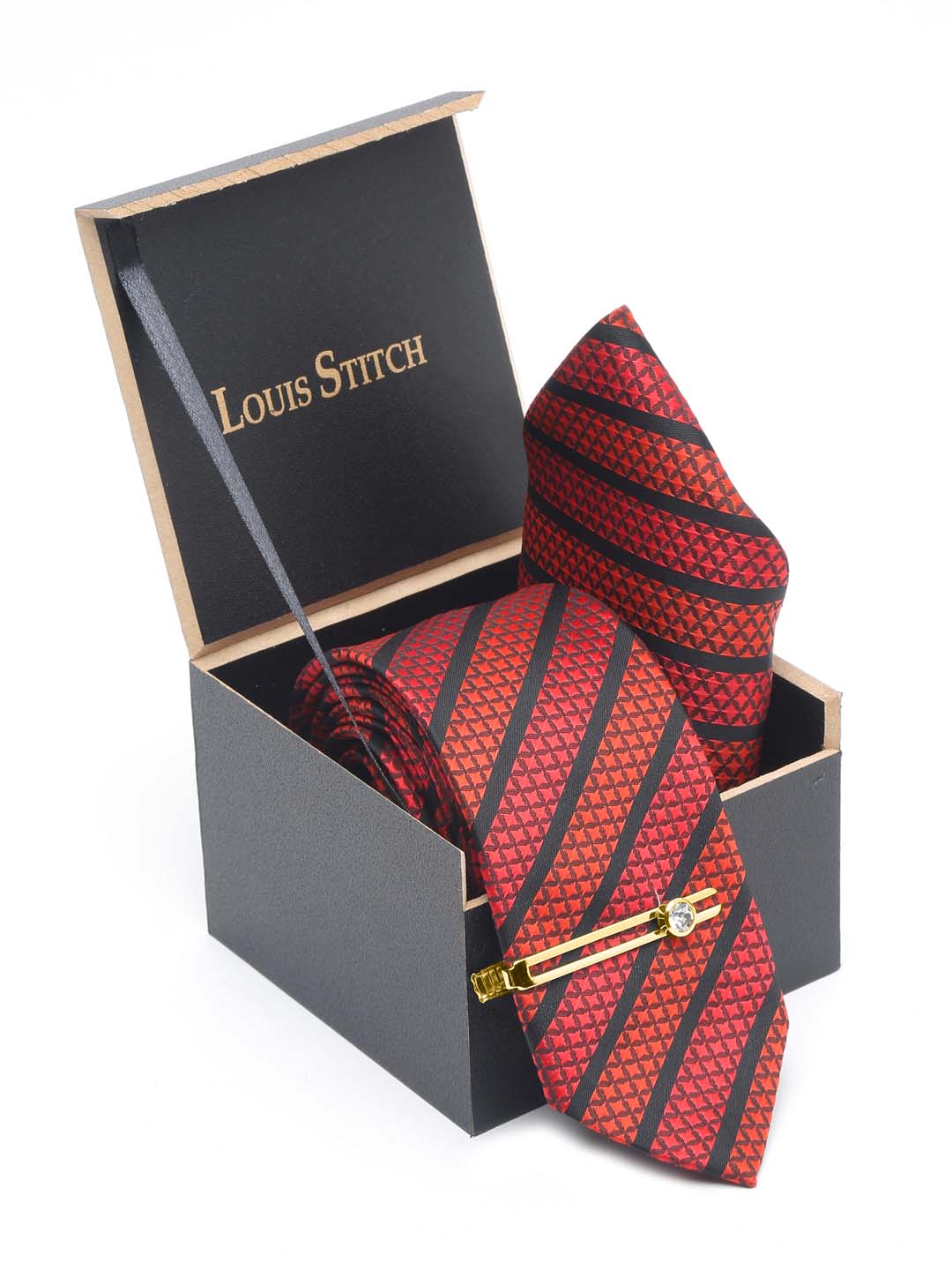 Ruby Red Luxury Italian Silk Necktie Set With Pocket Square Gold Tie pin