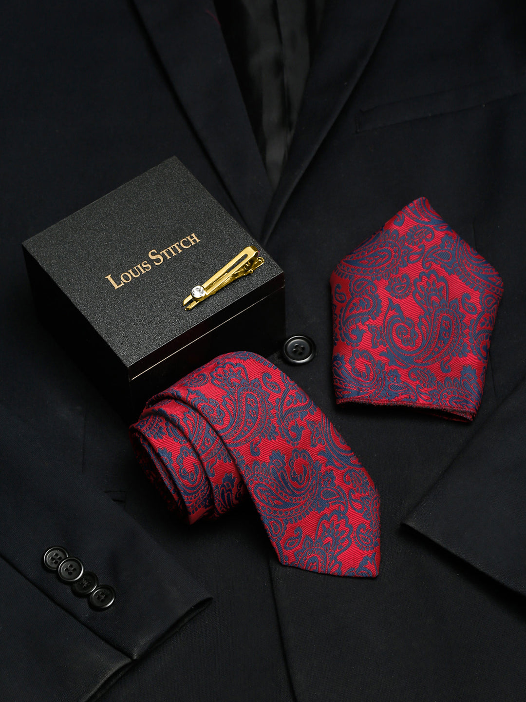 Candy Red Luxury Italian Silk Necktie Set With Pocket Square Gold Tie pin