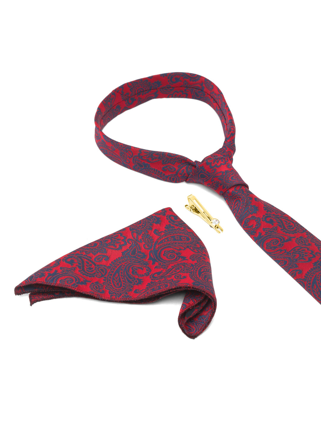 Candy Red Luxury Italian Silk Necktie Set With Pocket Square Gold Tie pin