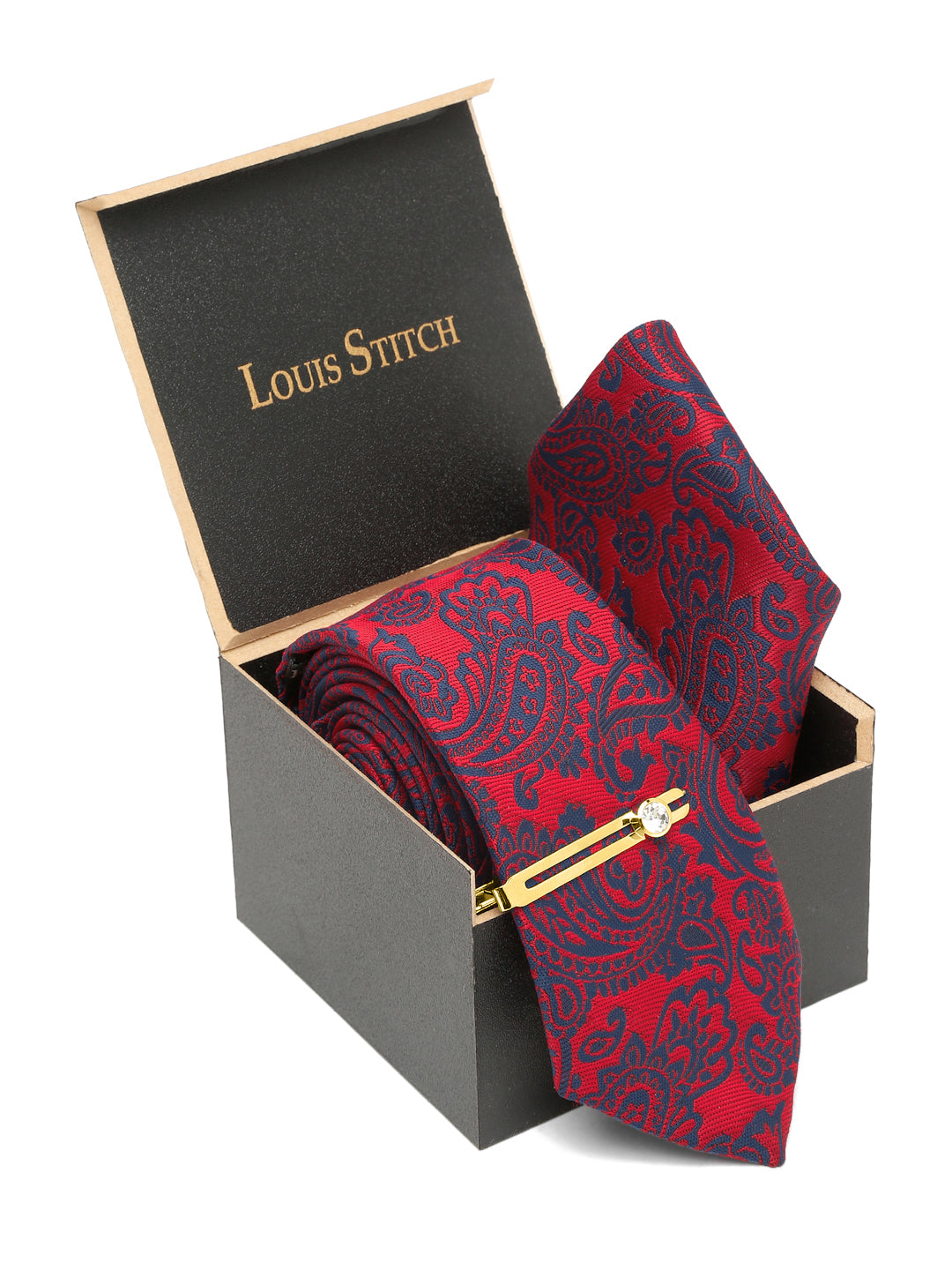 Candy Red Luxury Italian Silk Necktie Set With Pocket Square Gold Tie pin