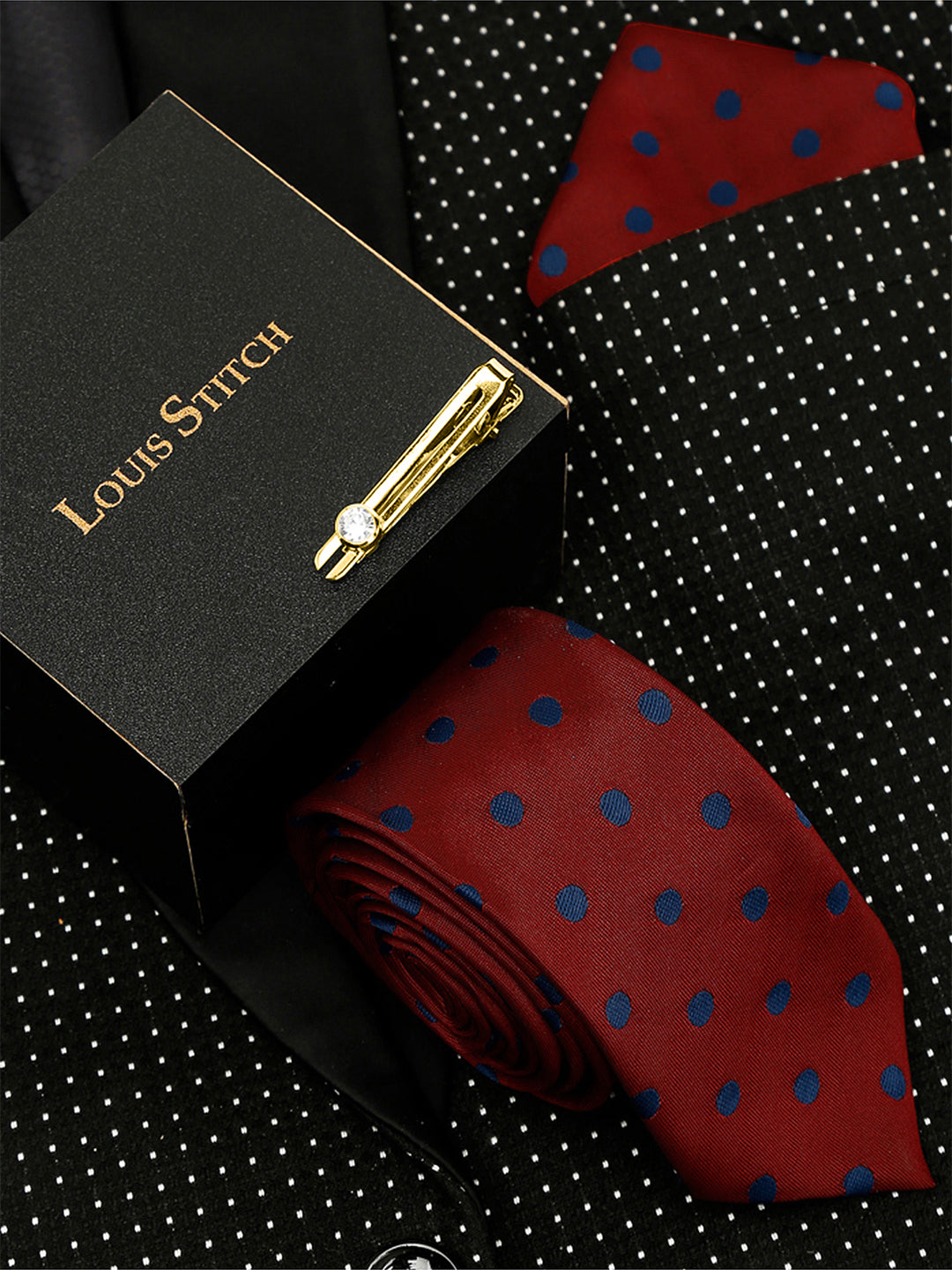 Polka Red Luxury Italian Silk Necktie Set With Pocket Square Gold Tie pin