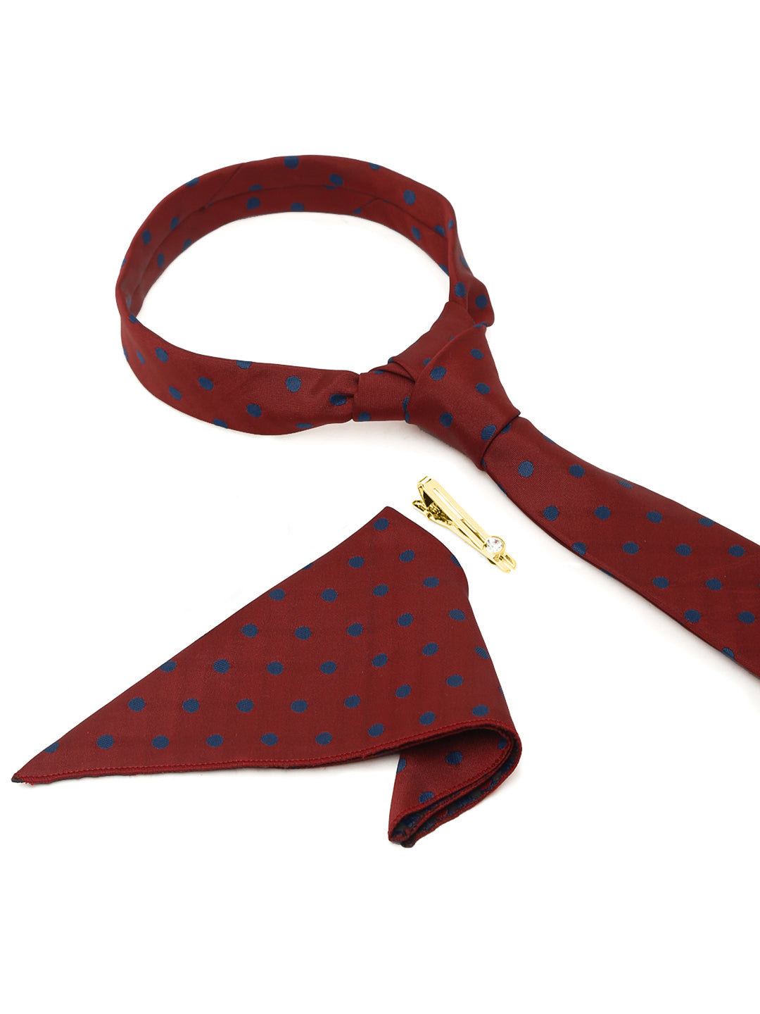 Polka Red Luxury Italian Silk Necktie Set With Pocket Square Gold Tie pin