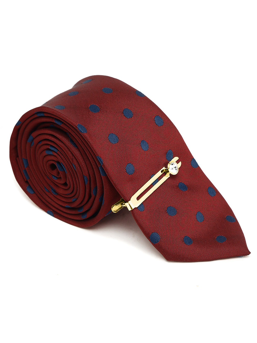 Polka Red Luxury Italian Silk Necktie Set With Pocket Square Gold Tie pin