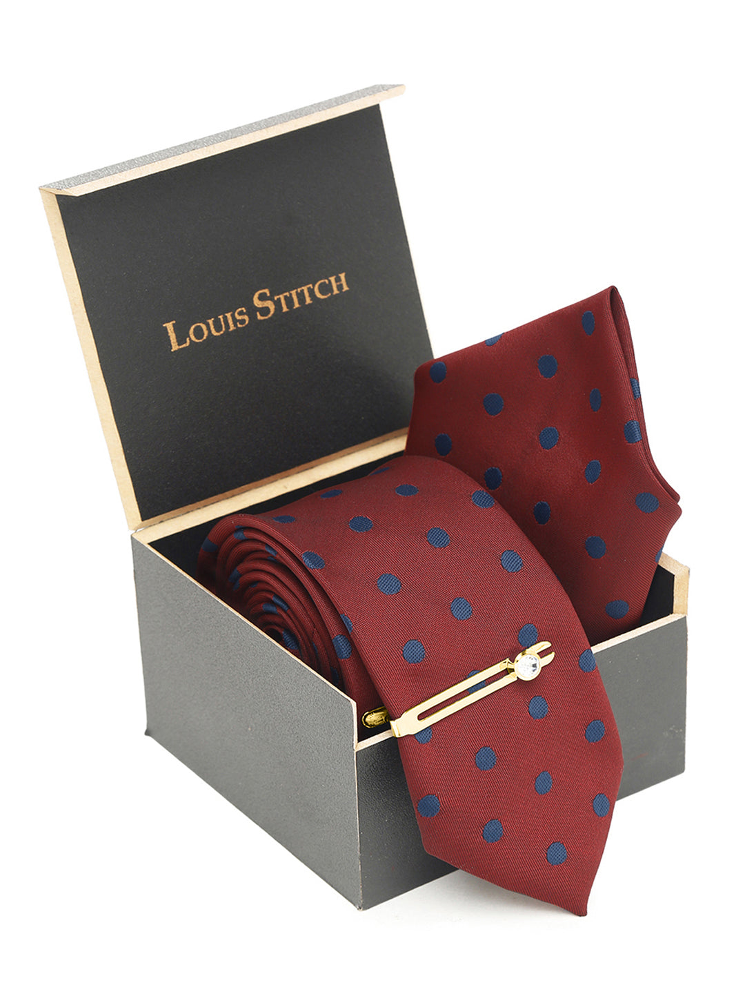 Polka Red Luxury Italian Silk Necktie Set With Pocket Square Gold Tie pin