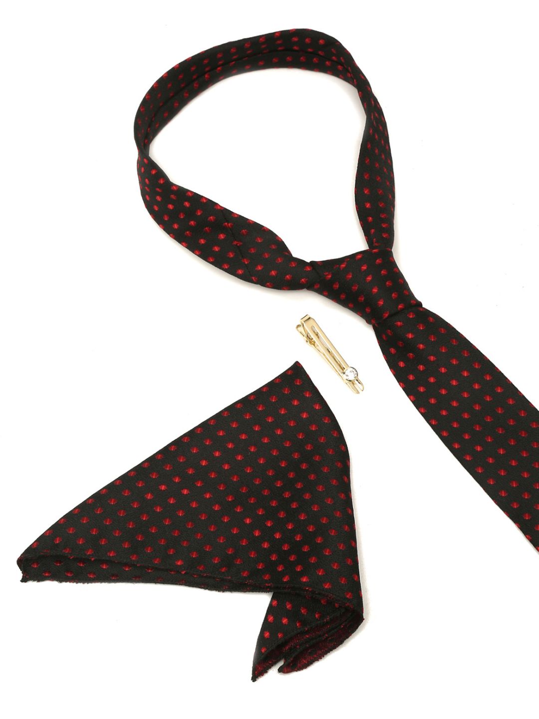 Polka Dotted Red Luxury Italian Silk Necktie Set With Pocket Square Gold Tie pin