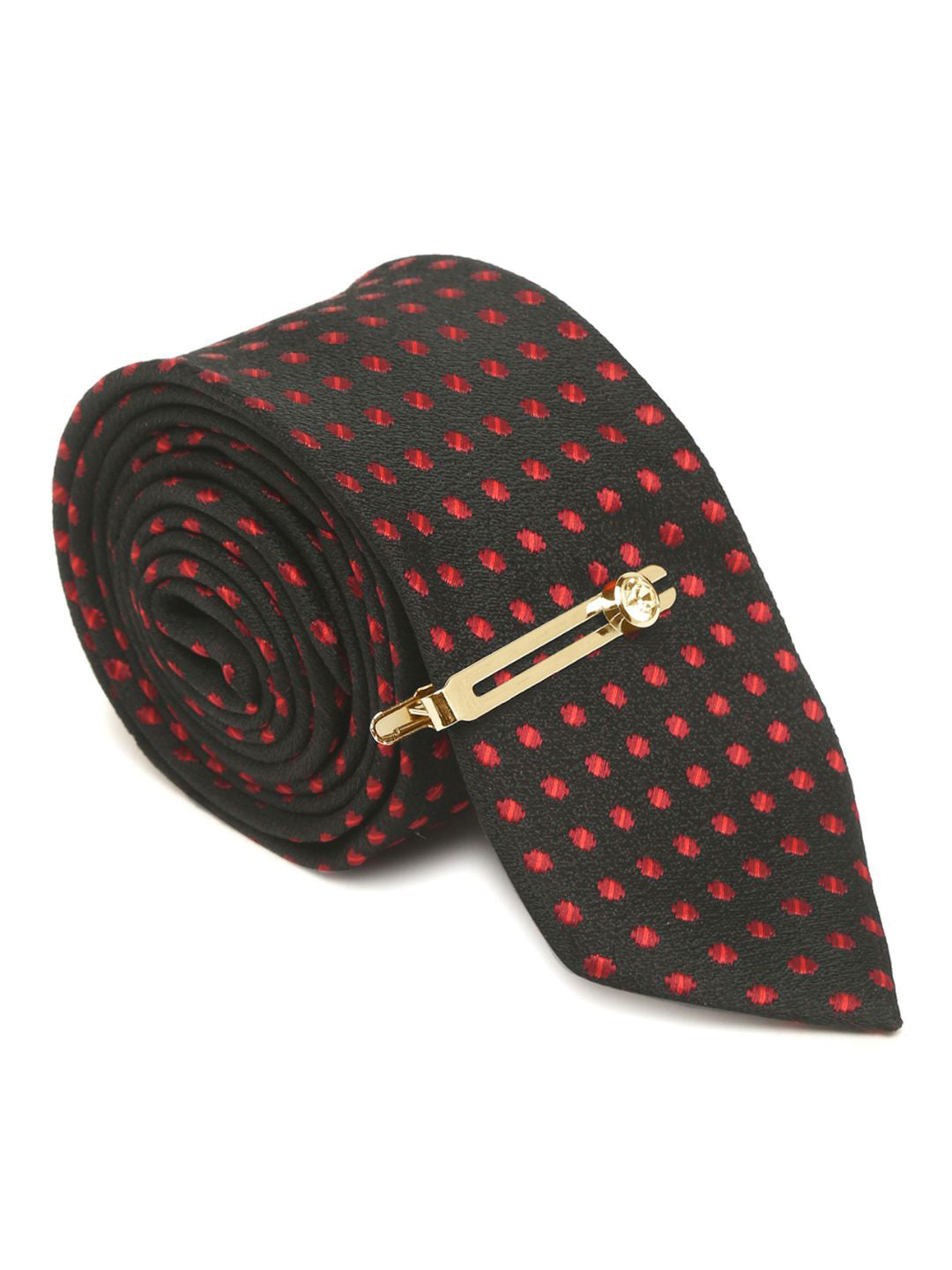 Polka Dotted Red Luxury Italian Silk Necktie Set With Pocket Square Gold Tie pin