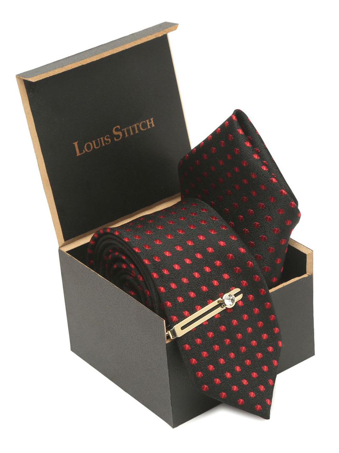 Polka Dotted Red Luxury Italian Silk Necktie Set With Pocket Square Gold Tie pin