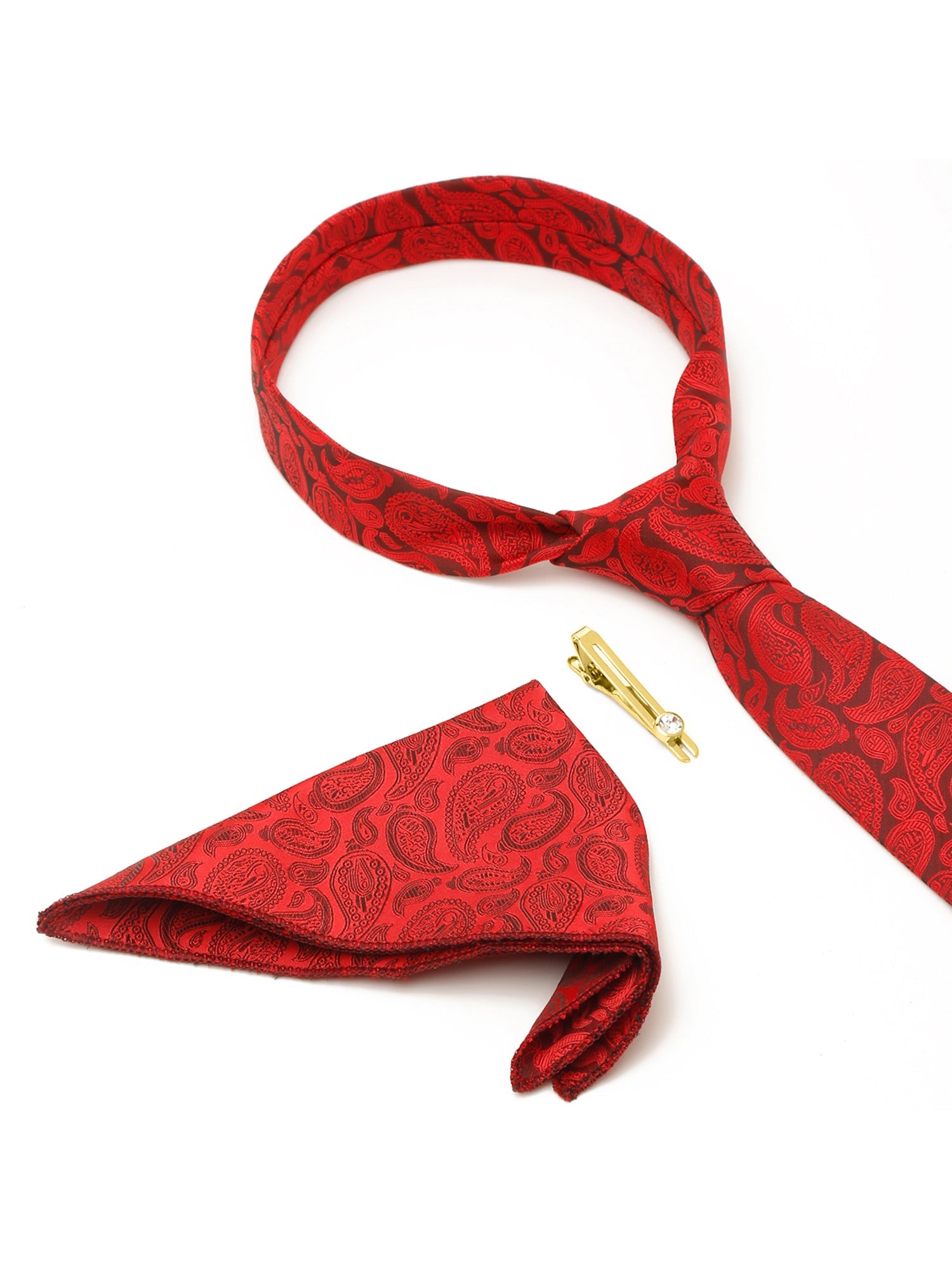 Floral Red Luxury Italian Silk Necktie Set With Pocket Square Gold Tie pin