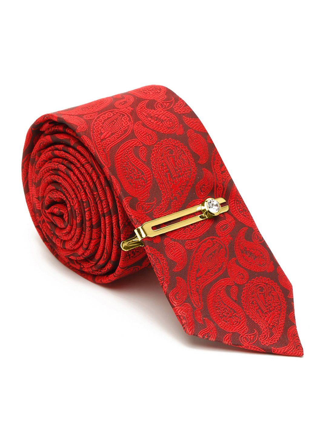 Floral Red Luxury Italian Silk Necktie Set With Pocket Square Gold Tie pin