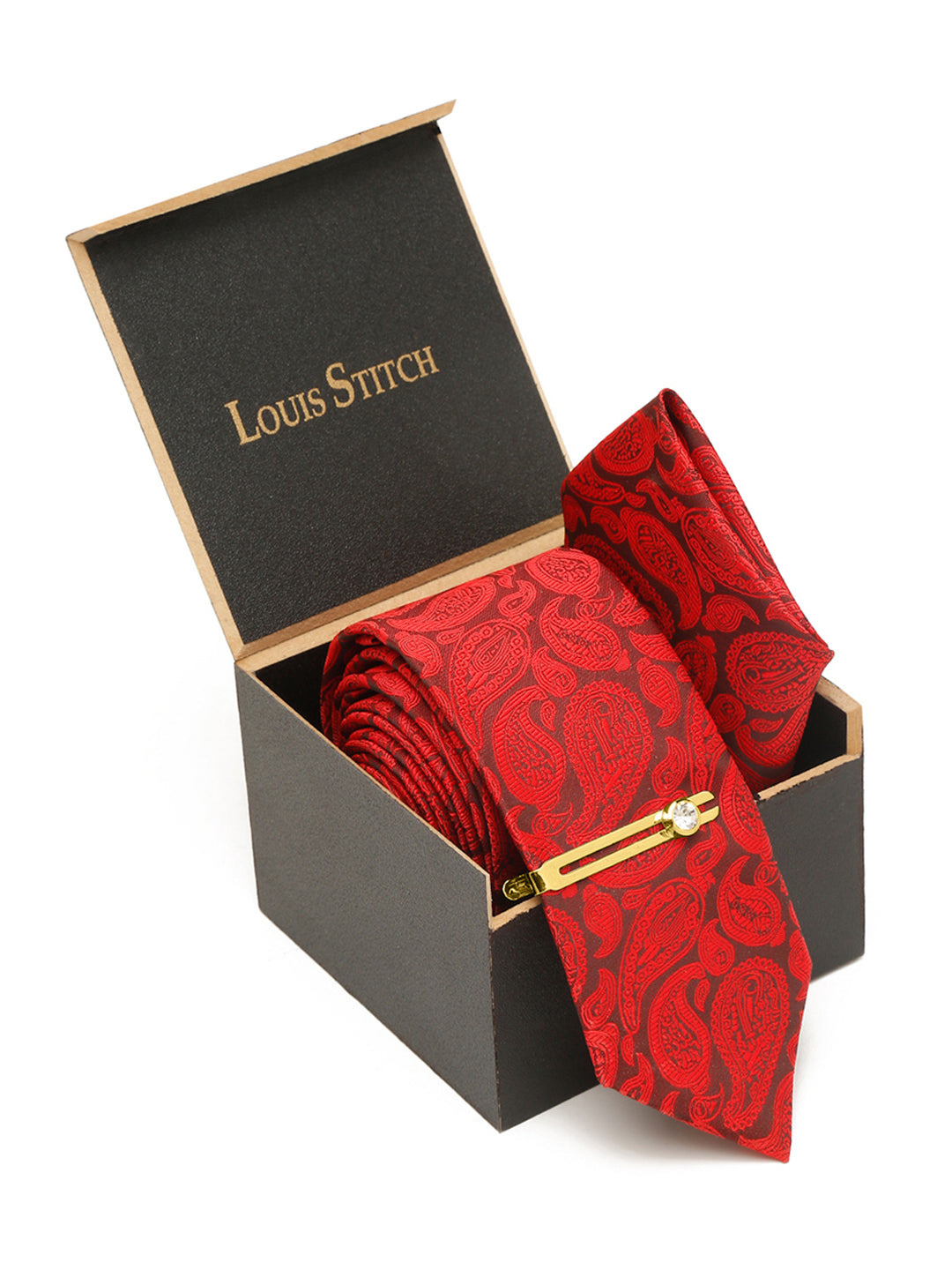 Floral Red Luxury Italian Silk Necktie Set With Pocket Square Gold Tie pin