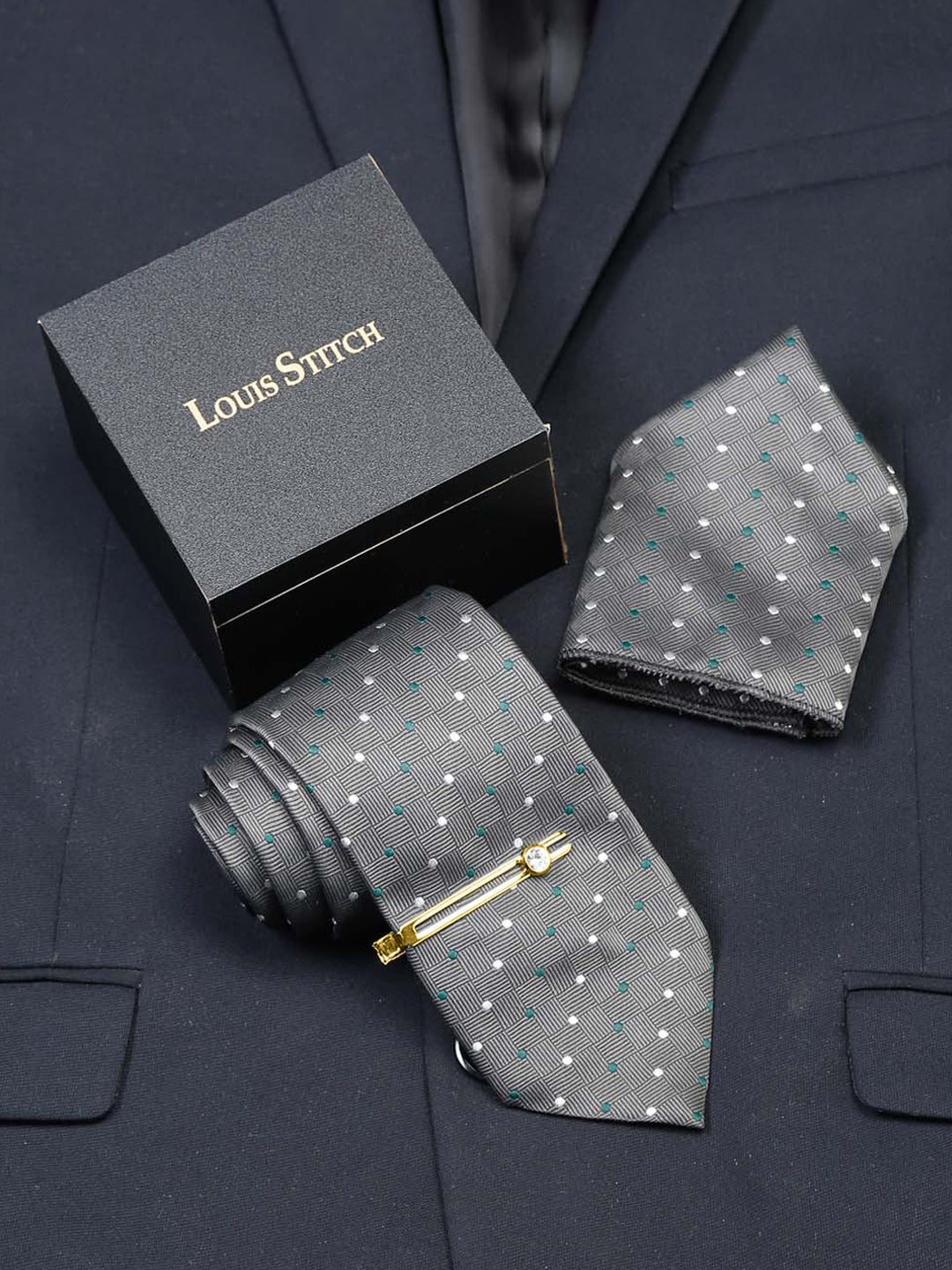 Grey polka Luxury Italian Silk Necktie Set With Pocket Square Gold Tie pin