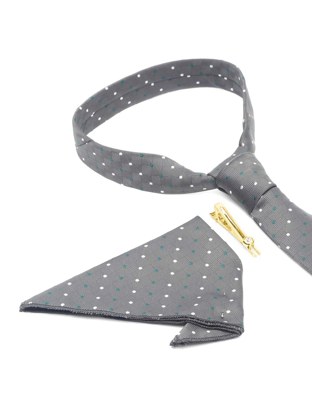 Grey polka Luxury Italian Silk Necktie Set With Pocket Square Gold Tie pin