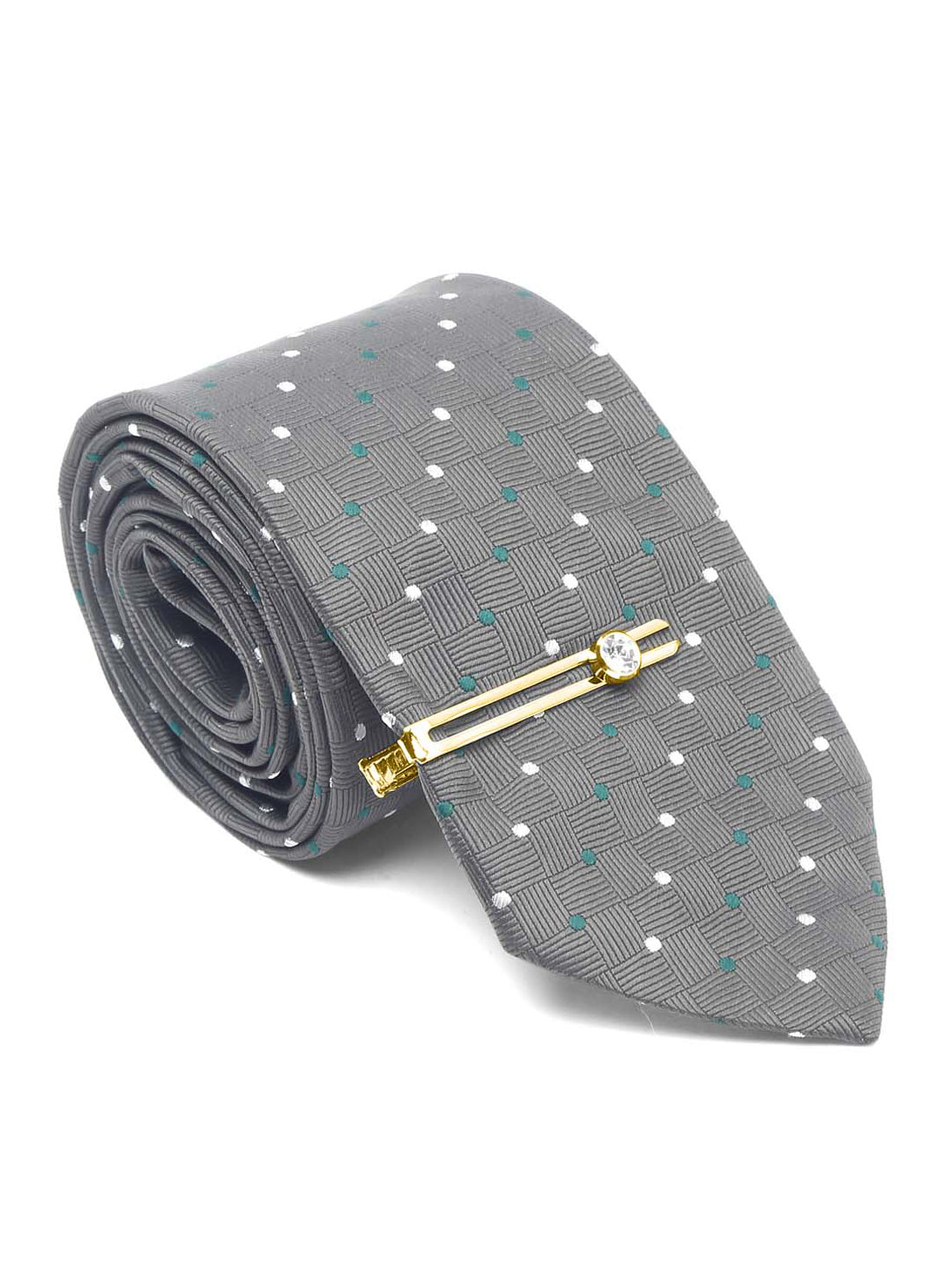 Grey polka Luxury Italian Silk Necktie Set With Pocket Square Gold Tie pin