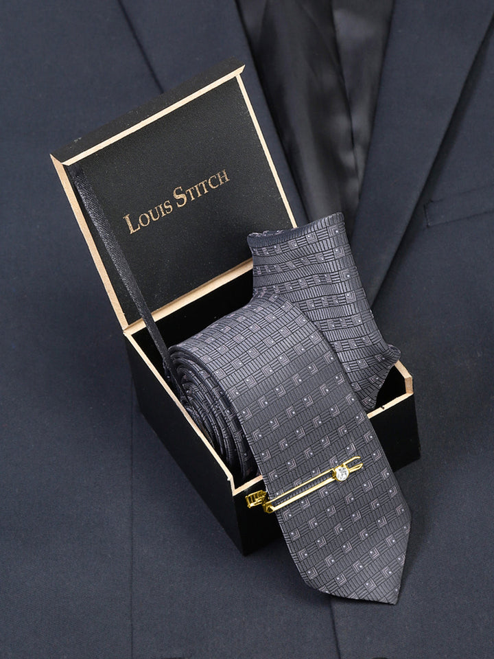  Grey Checkerd Luxury Italian Silk Necktie Set With Pocket Square Gold Tie pin