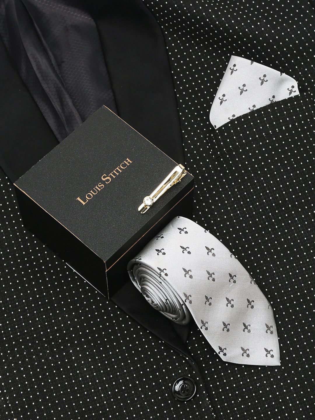 Arrow Grey Luxury Italian Silk Necktie Set With Pocket Square Gold Tie pin