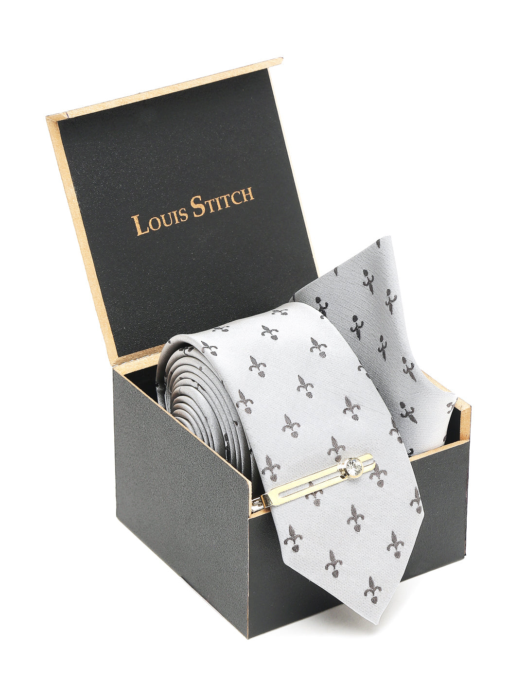 Arrow Grey Luxury Italian Silk Necktie Set With Pocket Square Gold Tie pin