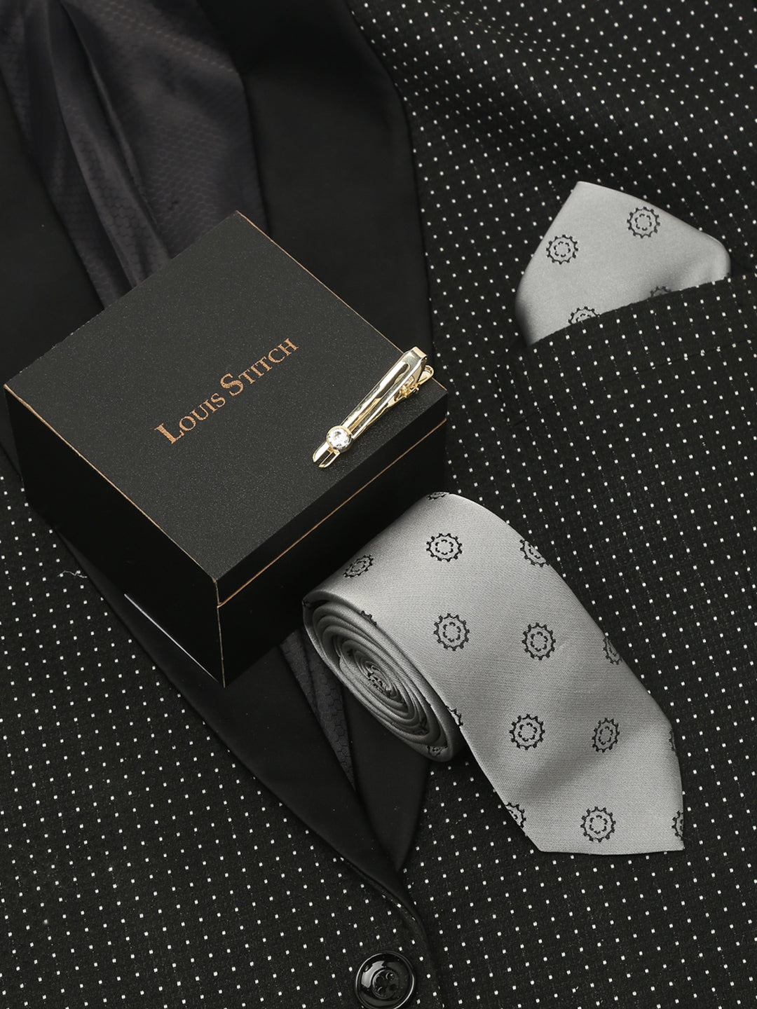 Polka Grey Luxury Italian Silk Necktie Set With Pocket Square Gold Tie pin